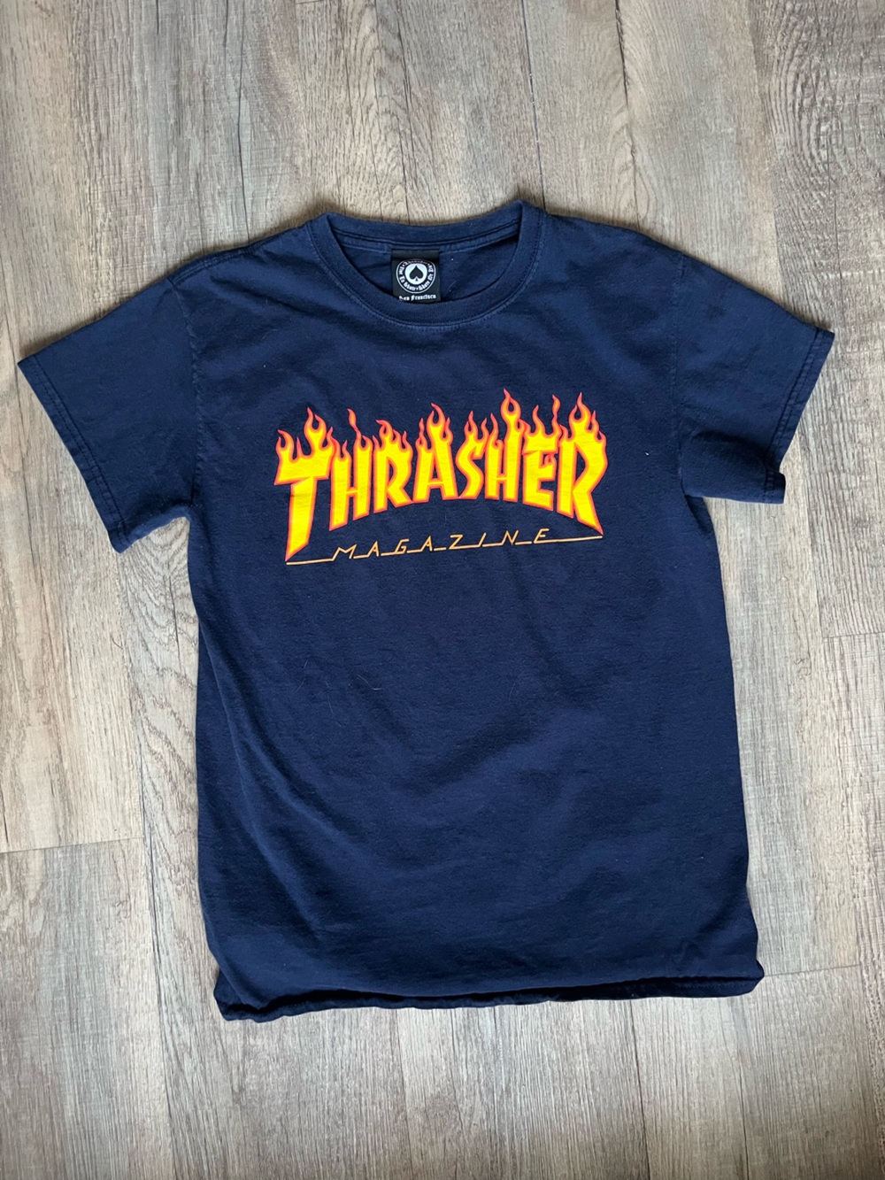 Thrasher Navy Short Sleeve Tee with Yellow and Orange Flame Logo